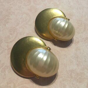 Unusual Bold Gold and Faux Pearl Style Chunky Statement Clip Earrings